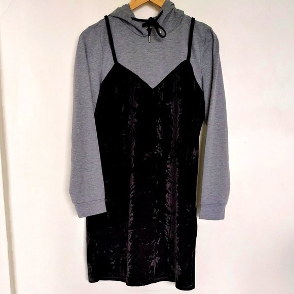 Noisy may Dresses & Skirts - Noisy May Black spaghetti full sleeve velvet dress with grey hoodie attached in